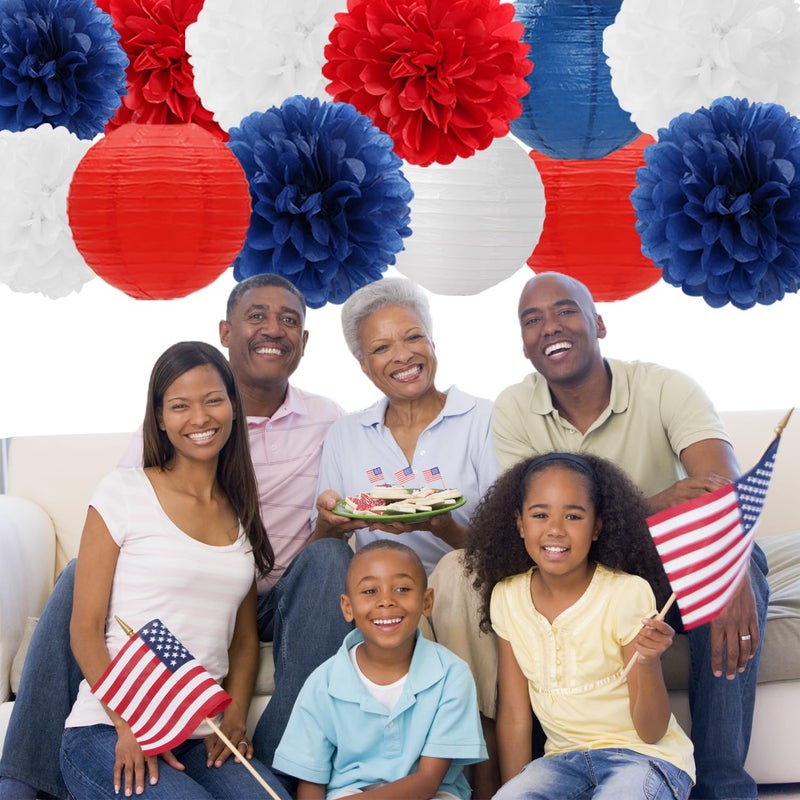 Hugfond Fourth-4th Of July Imemorial-Day Party-Decorations - 15pcs Red White Blue Paper-Flowers Lanterns,Patriotic Graduation Tissue Pom Poms Streamers,Independence Veterans Hanging Supplies Decor Hugfond - Image 5